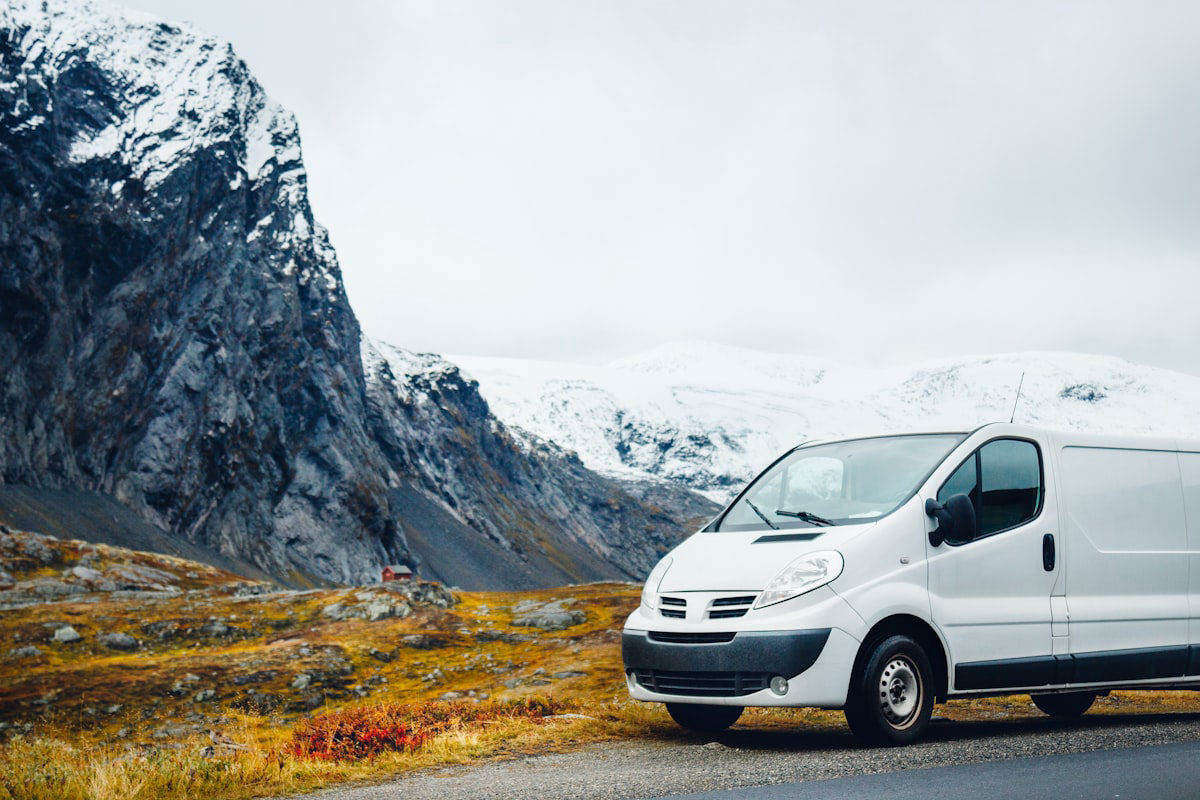 Van stopped on a mountain stretch of the route